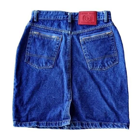 90s Blue Jean Mini Skirt by Mixed Blues Size 11 Dark Wash Denim Red Patch Zipper - Picture 3 of 8